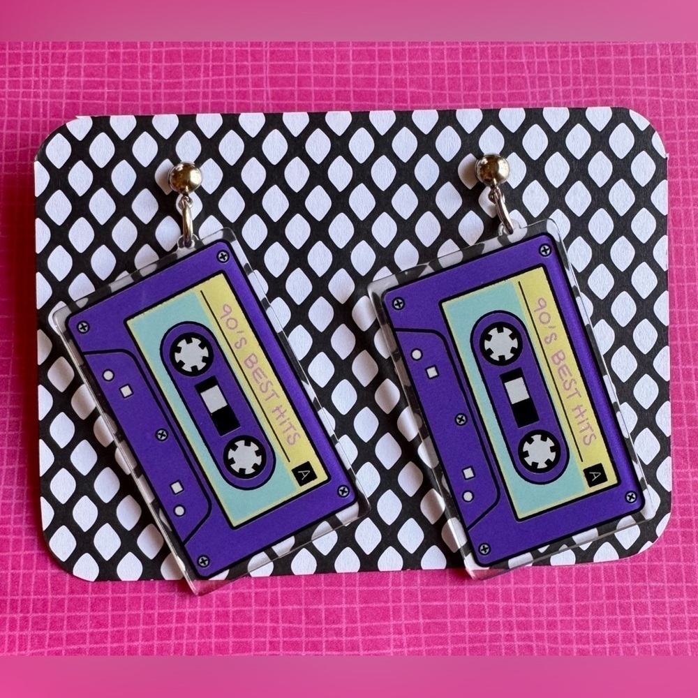 New Retro 90’s Style Purple Acrylic Cassette Music Mix Tape Dangle Earrings